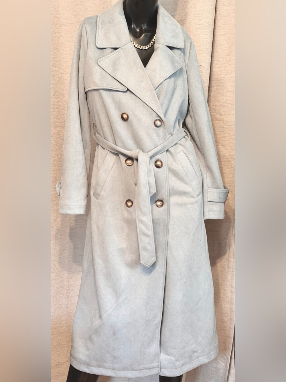 Ellen Tracy Light Gray Double-Breasted Trench Coat with Belt